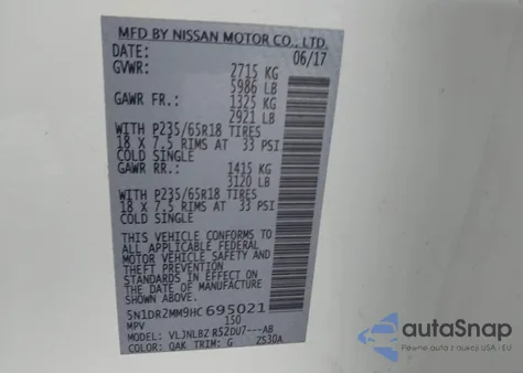 2017 Nissan Pathfinder S z USA, uszkodzony, nr VIN 5N1DR2MM9HC695021